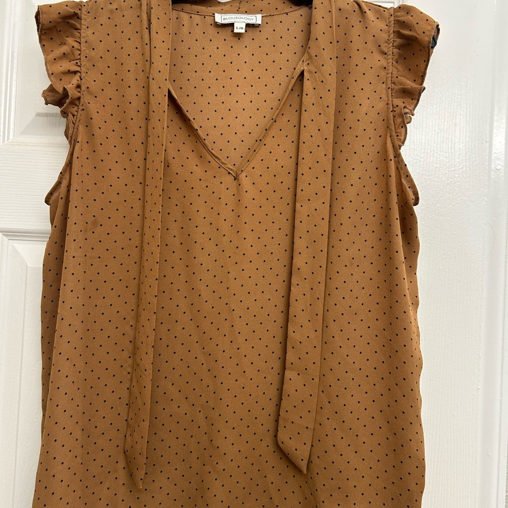 Chic Tan Dotted Blouse with Ruffle Sleeves